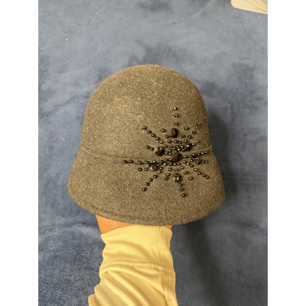Scala Wool Cloche Hat Womens One Size Black Beaded Beret Brimmed Felt Hat